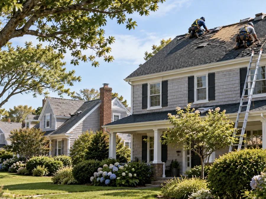 Roofers replacing a section of shingles on a colonial home in a Monmouth County neighborhood