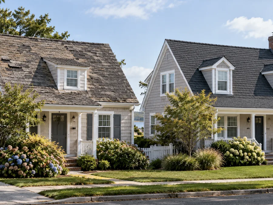 A worn, curling shingle roof next to a newer roof next door