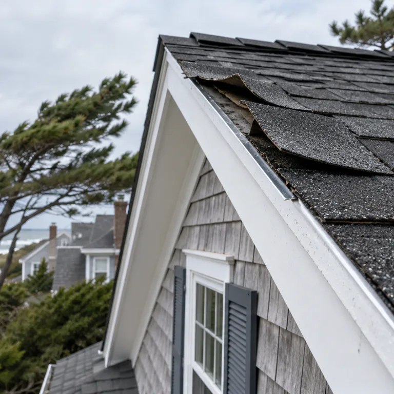 Shingles lifted along the windward edge of a roof near the coast