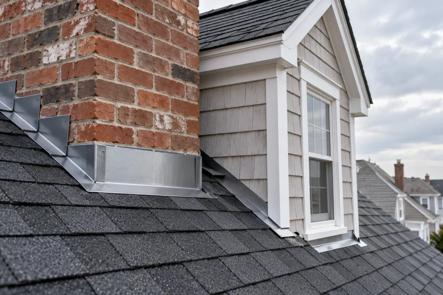 New flashing where a roof meets a chimney and a dormer wall