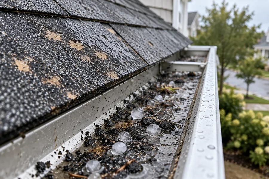 Shingle granules washed into a gutter below storm-bruised shingles