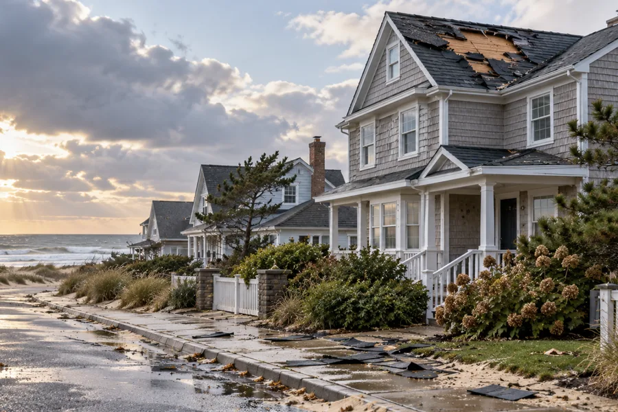 Shore house with shingles torn off near the ridge after a coastal storm