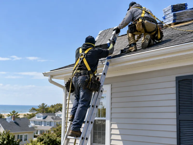 Roofer on a ladder handing a bundle of shingles up to the roof of a colonial home