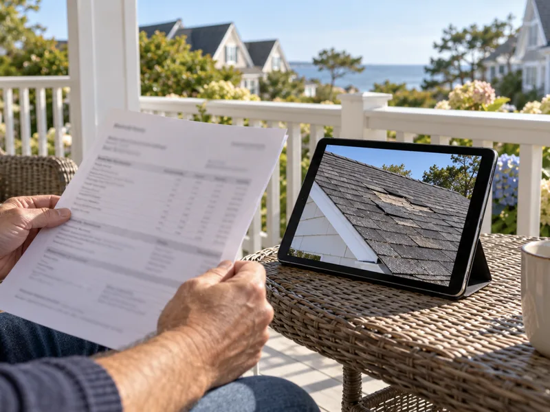 Homeowner reviewing an itemized estimate and roof photos on a front porch