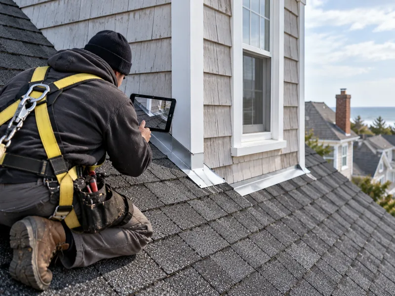 Roofer photographing the flashing at a dormer on a shingle roof
